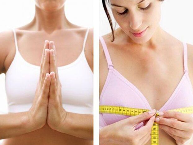A girl measures the volume of her breasts after doing the exercise.